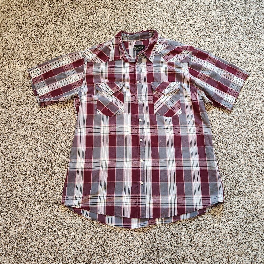 High‎ Noon Mens Pearl Snap Shirt Size XL Red Plaid Short Sleeves Western Country
